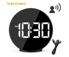 ALLOMN Digitaler Wecker, Sprachsteuerungsuhr Reise Desktop Tischuhr Schlummerfunktion, Nachtmodus und Vier Einstellbare Helligkeit, USB und AAA Batterien, Spiegeloberfläche