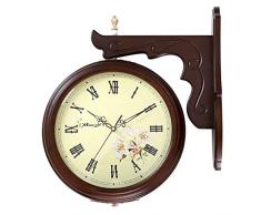 HJW Praktische Wandpendeluhren Doppelseitige Wanduhr, European Rusitc Indoor Rollwandseitenmontage 360-Grad-Drehung Nicht Ticking Silent-Massivholzrahmen Wanduhren