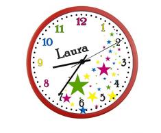 Wanduhr mit Wunsch - Namen für Kinderzimmer ; einzigartige Kinderuhr ; Rahmen rot ; Kinder Wanduhr mit oder ohne Namen auf Wunsch personalisiert ; Uhr - Motiv Sterne