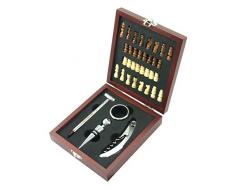MK Wein- und Schach-Set Schachbrett und Wein-Zubehör in Geschenk-Box aus Holz inkl. Ausgiesser, Thermometer, Korkenzieher, Flaschenverschluss