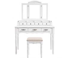 VASAGLE Schminktisch mit 7 Schubladen, Frisiertisch mit gepolstertem Hocker, 3-teiliger Klappspiegel mit Haken für Ketten, 4 offene Fächer, 2 schmale Fächer für Pinsel, Massivholzbeine, weiß RDT60WT