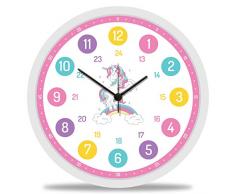 GRAVURZEILE Wanduhr Kinder Einhorn Motiv - Lautlose Kinderwanduhr geeignet für Mädchen - Bunte Lernuhr für Kinder 30 cm - Einfaches Ablesen der Uhrzeit Lernen - Farbenfrohes Design