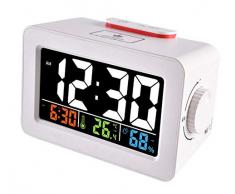 QKa Innenwetterstation, Nacht Wake Up Digital-Wecker Mit Thermometer Hygrometer Feuchtigkeit Temperatur Tabelle Tischuhr Handy-Ladegerät, Geschenk-Idee,Weiß
