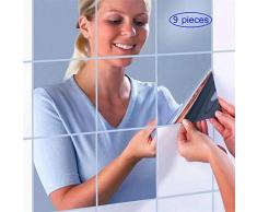 MUCHEN-SHOP Spiegelfliesen Selbstklebend,9 Pack Acryl Wandspiegelg Spiegel Blatt Spiegelkachel Dekor Kunststoff Fliesenspiegel für Wohnzimmer Schlafzimmer Sofa TV Küche Badezimmern 15 * 15CM Silber