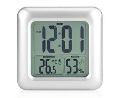Digitale Wanduhr für Badezimmer, LED, leise, digital, mit Temperatur, Hintergrundbeleuchtung, Luftfeuchtigkeit, 4 Saugnäpfe, ultra stark, für Badezimmer, Küche, Wohnzimmer