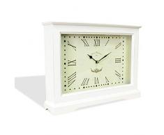 DRULINE Tischuhr Kaminuhr Uhr Standuhr XXL mit Römischen Ziffern aus Holz im Shabby Chic Stil Used Look| 1702 | 33282 | L x B x H 40 x 8 x 30 cm | Weiß