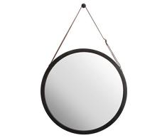ZRI Bamboo Wandspiegel Rund Flur Spiegel Badspiegel mit Verstellbarer Lederband (schwarz, 45 cm)