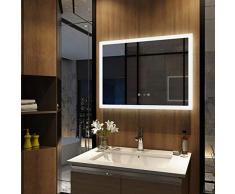 Meykoers Wandspiegel Badezimmerspiegel LED Badspiegel mit Beleuchtung 80x60cm, Spiegel mit Uhr, Touch-Schalter und Beschlagfrei Lichtspiegel Kaltweiß 6400K