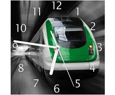 Wallario Glas-Uhr Echtglas Wanduhr Motivuhr; in Premium-Qualität; Größe: 20x20cm; Motiv: Fahrender Zug von vorn in grün - Perspektive von vorn