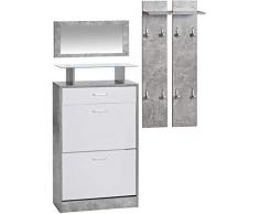 ts-ideen 3er Set Garderobe Spiegel Schuhkipper in Betonoptik Weiß Grau Schuhschrank mit Schublade und Ablagefläche aus Glas