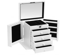 SONGMICS Schmuckkasten in Holzoptik, verschließbarer Schmuckorganizer, Schmuckschatulle mit Spiegel am Deckel, Halskettenhaken, 4 Schubladen, für Halsketten, Ringe, Ohrringe, weiß JBC52WV1