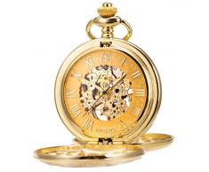 ManChDa Unisex Taschenuhr mit Kette Analog Handaufzug Antik Handaufzug Skelett MenchanischTaschenuhr Gold