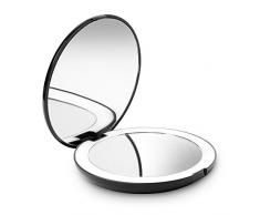 Fancii Tragbarer Taschenspiegel Zweiseitiger Schminkspiegel mit LED Beleuchtung, 1X / 10X Vergrößerung - Kompakt, Klappbarer, Große 13cm Reisespiegel Beleuchtet für Kosmetik Unterwegs (Schwarz)