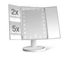 Kosmetikspiegel beleuchtet mit 22 LEDs - Tisch Spiegel aufklappbar mit 2- und 5-fachem Vergrößerungsspiegel - Schminkspiegel 180° schwenkbar - Betrieb mit Batterien oder über USB Kabel