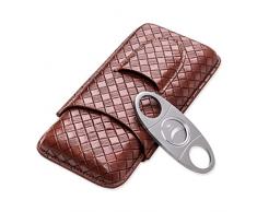 KUQIQI Zigarre feuchtigkeitsspendende Leder Travel Portable Drei-Pack, mit Zigarrenabschneider, Zigarre rauchen Zubehör Geschenkbox Verpackung (Color : Brown)