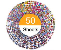 Aufkleber für Kinder 1200+, 50 Verschiedene Blätter, 3D Puffy Aufkleber, Babies Stickeralbum im Kinderzimmer & van der Wand Geburtstagsgeschenk, Inklusive Tiere Autos Fische Herzen Anzahl Smileys