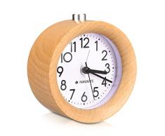 Navaris Analog Holz Wecker mit Snooze - Retro Uhr mit Ziffernblatt Alarm Licht - Leise Vintage Wood Tischuhr ohne Ticken - Naturholz in Hellbraun