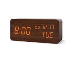 FiBiSonic LED Wecker digitaler Wecker Tischuhr mit Sprachsteuerung Datum für Zuhause, Schlafzimmer, Kinderzimmer und Büro Braun