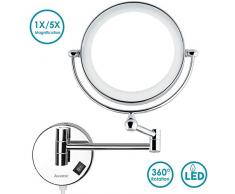 Auxmir Kosmetikspiegel mit LED Beleuchtung und 1-/ 5-facher Vergrößerung aus Kristallglas, Edelstahl und Messing für Badezimmer, Kosmetikstudio, Spa und Hotel