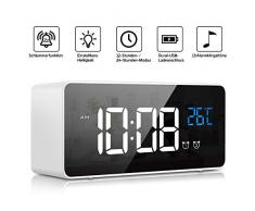Digital Wecker, LED Digitaluhr Tischuhr mit Sprachsteuerung Funktion und Temperatur Display, Spiegelalarm mit Dual Alarm Snooze Zeit 4 Stufen Einstellbarer Helligkeitsdimmer 13 Musik USB Ladeanschluss