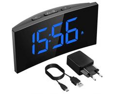 PICTEK Digitaler Wecker, Wecker Digital, 5 LED-Display, Randlos Kurve, 6 Helligkeit, 3 Alarmtöne, 2 Lautstärke, USB-Ladeanschluss, Ultraklare Blaue Ziffern, Snooze, 12/24H (Inkl.Adapter)