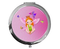 metALUm Taschen - Spiegel aus verchromten Metall mit kleiner Fee vor pinkfarbenem Hintergrund