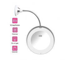 YILAITE 360 ° drehbarer LED-Beleuchtungsspiegel mit Schwanenhals, Schminkspiegel mit 10-facher Vergrößerung, Kosmetikspiegel für das Bad, kabelloser und kompakter Reisespiegel