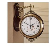 HJW Praktische Wandpendeluhr Doppelseitige Wanduhr Nicht Ticking Batteriebetriebene Europäische Schlafzimmer Wohnzimmer Wandseitenmontag 360-Grad-Drehung Kupfer Dekoration Holz Große Quarzuhr Wanduhr
