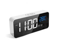 LATEC Digitaler Wecker mit Große LED Temperaturanzeige, Tischuhr mit 13 Musik, USB Ladeanschluss, 4 Helligkeit und Lautstärke Regelbar, Snooze, tragbarer Spiegelalarm mit 2 Alarmen, 12/24HR