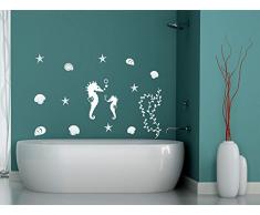 GRAZDesign Walltattoo Küste Nordsee Meer Unterwasser Welt - Badezimmeraufkleber Muscheln Seesterne Set - Wandtattoo Badezimmer mit Zwei Seepferdchen / 57x57cm / Farbe 010 Weiss