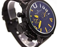 Herren Automatik Selbstaufzug Mechanik U Silber Edelstahl Schwarz Kautschukband Linkshaken Big 50mm Bootsuhr Schwarz Gelb