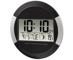 Hama Wanduhr Digital mit Funk PP-245 (Funkuhr ohne tickgeräusche, Digitaluhr mit LCD-Display, Thermometer, Kalender, Mondphase, inkl. Batterie zum aufhängen oder hinstellen) schwarz- silber