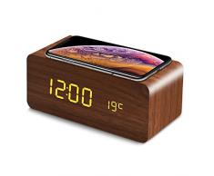 fomobest LED Wecker Digital Wecker Holz Tischuhr mit Induktionsladegeräte/Datum/Temperatur Anzeige Walnuß
