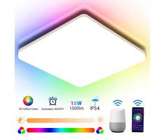 Oeegoo RGB LED Deckenleuchte dimmbar 15W, Stimme oder APP Steuerung Wifi deckenlampe dimmbar farbwechsel, IP54 Leuchte Kinderzimmer mit Speicherfunktion und Intelligentem Wecker 22 * 22 * 4.8