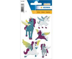 HERMA 6667 Glitzer Sticker Einhorn, selbstklebende Aufkleber aus Folie für Jungen, Mädchen oder Stickeralbum, 5 Tieraufkleber für Kinder