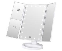 BESTOPE Schminkspiegel 3 Seiten Kosmetikspiegel Tischspiegel mit 21 LED Dimmbare Helligkeit und 1X 2X/ 3X Vergrößerungsspiegel 180 ° Drehung Faltbar Makeup Spiegel für Schminken Rasieren