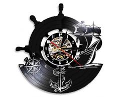 OLDFAI Vinyl Schallplatte Wanduhr, Grafiken Mit Anker Schiff 3D Design Segler Marine Kompass Wand Deko Uhr Familien Dekoration Handgemacht Kunstwerke Stille Uhren Schwarz, 30Cm/12In