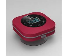 FENGCLOCK Wasserdichter Lautsprecher Badezimmer Uhr, Tragbar Bluetooth-Lautsprecher Radio Wecker, Badezimmer Saugnapf Wanduhr Digital Funkuhr,Red