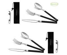 Philorn Campingbesteck Set Titan Beschichtete, 3-Teilig (Messer/Gabel/Löffel) High-end Reisebesteck Set mit Tasche, Spiegel Poliertes Edelstahl Besteck Tragbare für Den Outdoor, Arbeitsessen (Für 2)