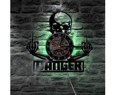 YUN Clock@ Schädel Wanduhr Aus Vinyl Schallplattenuhr Upcycling LED Kunst Familien Dekoration 3D Design-Uhr Wohnzimmer Schlafzimmer Restaurant Wand-Deko Schwarz/Durchmesser 30 cm