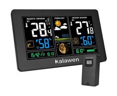 Kalawen Wetterstation mit Außensensor Innen und Außen 9-IN-1 Funk Wetterstation mit Farbdisplay Digital DCF-Funkuhr Thermometer Hygrometer Regenmesser und Uhrzeit Anzeige für Zuhause Büro Hausgarten