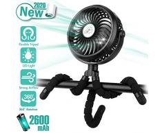 COMLIFE Tragbarer USB Ventilator, Leiser Handventilator mit fexiblem Stativ / 2600 mAh Akku / 3 Geschwindigkeiten / 360°Drehung / 12 LED Lampen, Clip Ventilator für Kinderwagen, Autositz, Zelt usw