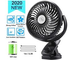 USB Tischentilator leise, USB Ventilator mit aufladbarem 5000mAh Akku(Max. 50H), Mini Clip Ventilator, auto-oszillierend, 360° Drehung kleiner Lüfter für Zuhause Büro Kinderwagen, mit Diffusorfunktion