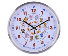 LVPY Kinderwanduhr, 30 cm Kinder Wanduhr ohne Ticken und Farbenfrohem Tieren Design Motiv Dekoration Uhr Wand Für Mädchen Und Jungen (Silber)