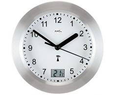 Runde AMS Wanduhr 5923 Funk Gehäuse Silber, wasserdichte Badezimmeruhr mit digitaler Temperatur-Anzeige