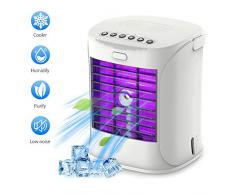 Mobile Klimaanlage, Mini Klimageräte USB Luftkühler 3 Geschwindigkeiten, Luftbefeuchter, Ventilator, Nachtlichter 5 in 1 Klein Klimagerät mit Lila Farben LED Leuchten