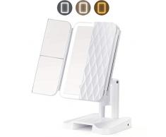 Kosmetikspiegel mit LED Licht und 1x/2x/3x-Vergrößerungsspiegel,3 Farbmodi 72 LED 3-Faltbarer Beleuchtete Schminkspiegel,180°Drehbarer Tragbar Make Up Spiegel Touchschalter für Dimmbare Heilligkeit