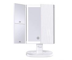 BESTOPE Make-up-Spiegel mit Lichtern, 3 Farb-Beleuchtungsmodi, 72 LEDs, dreifach Faltbarer Spiegel mit Touchscreen, 2X / 3X Vergrößerung, tragbar, hochauflösender Kosmetikspiegel