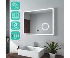 EMKE 80x60cm LED Badspiegel Badezimmerspiegel mit Beleuchtung Lichtspiegel Wandspiegel mit Touchschalter, Beschlagfrei, Uhr, 3-Fach Vergrößerung