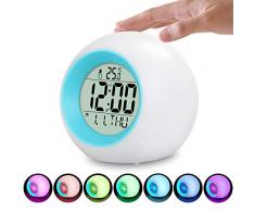 LED Kinderwecker, 7 Farben LED Lichtwecker, 12/24 Stunden Digitaluhr Licht, 7 Wecker Klingeltöne, Lichtwecker mit Datum und Temperatur, Wake Up Lichtwecker für Kinder